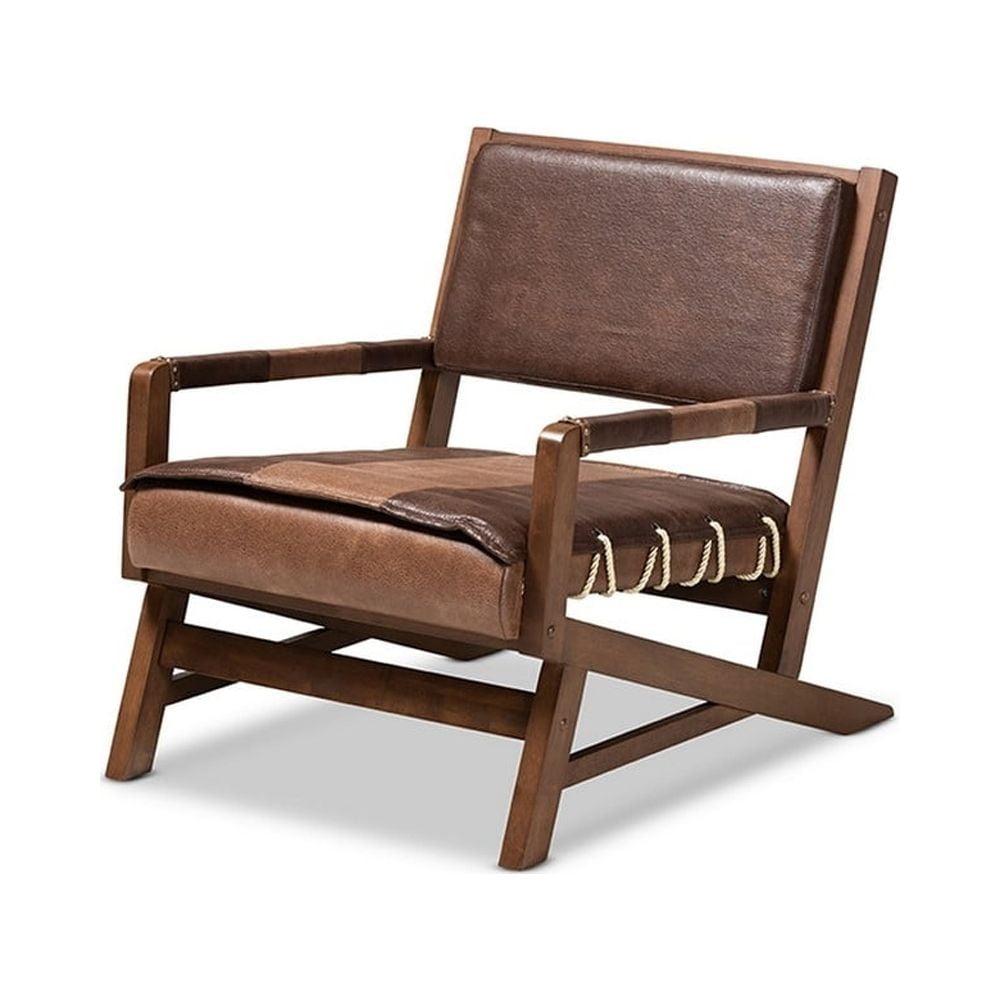 Rovelyn Rustic Brown Faux Leather & Walnut Wood Accent Chair