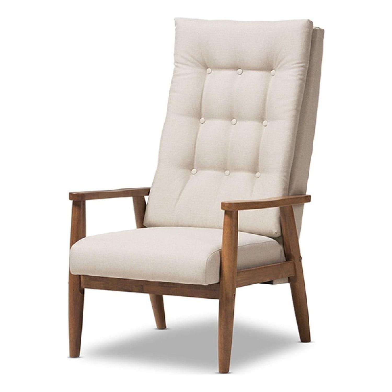 Walnut Brown & Light Beige Leather High-Back Accent Chair