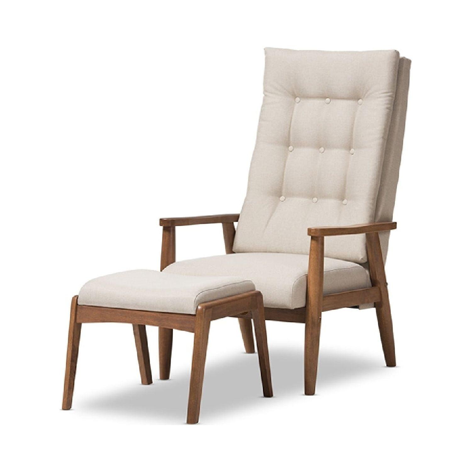 Mid-Century Modern Light Beige Leather Accent Chair with Walnut Wood Frame