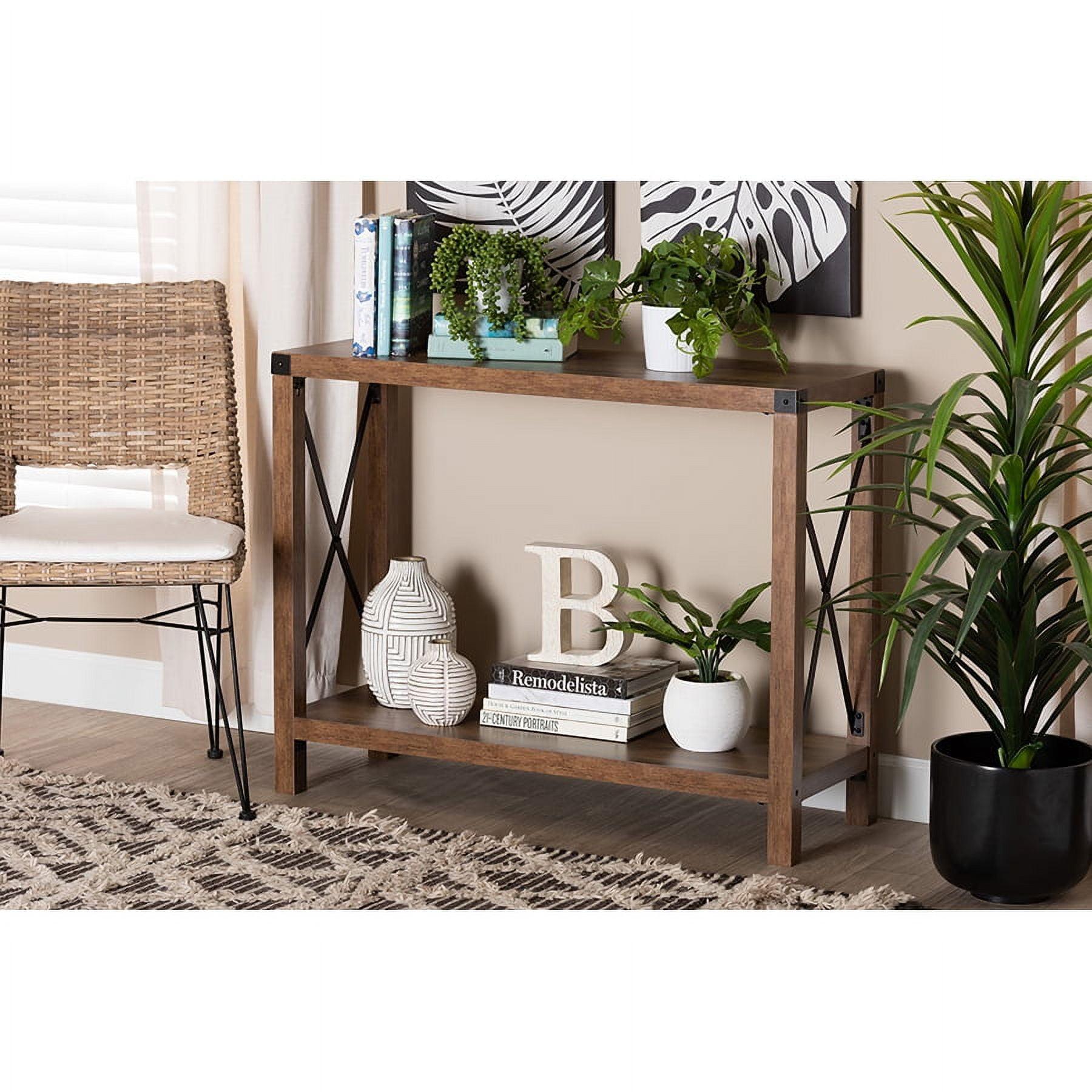 Natural Brown Wood and Black Metal Console Table with Storage