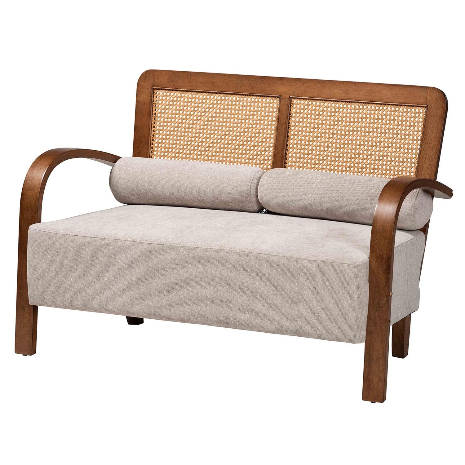 Sage Gray Velvet and Wood Loveseat with Rattan Back