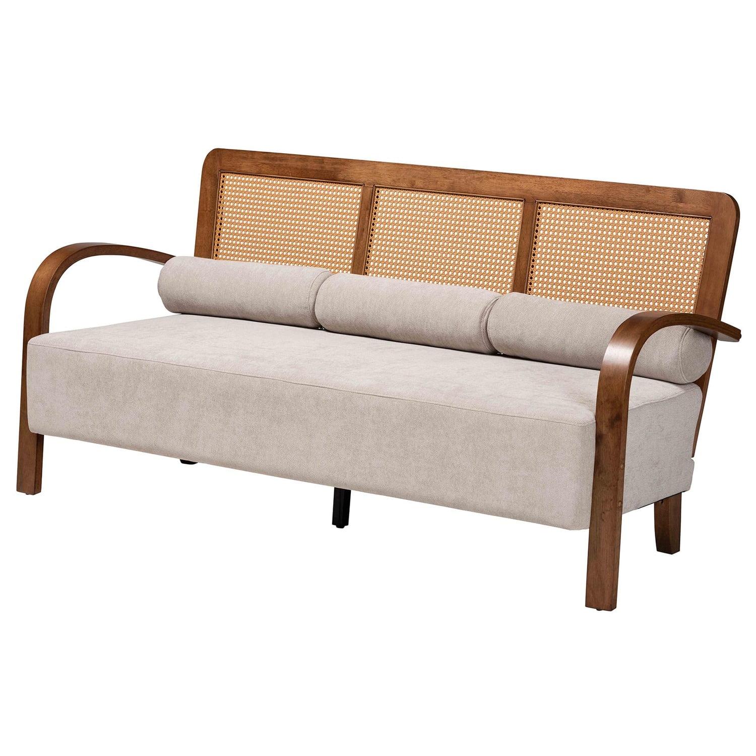 Sage Fabric and Wood Sofa with Woven Rattan Back