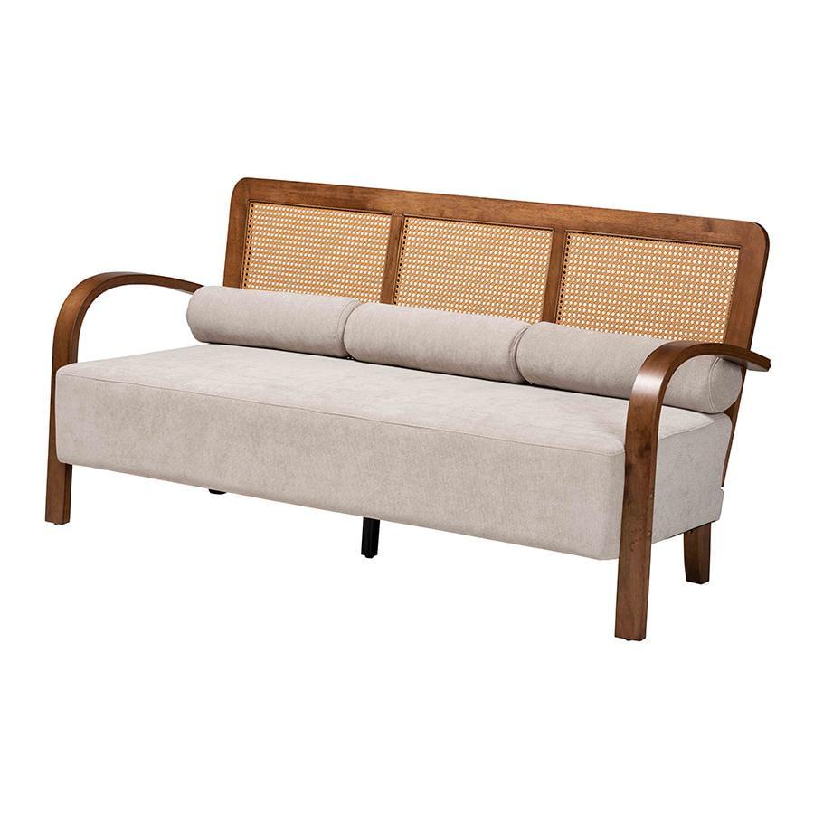 Baxton Studio Sage Fabric and Wood Sofa with Woven Rattan Light Gray/Walnut Brown/Natural Brown