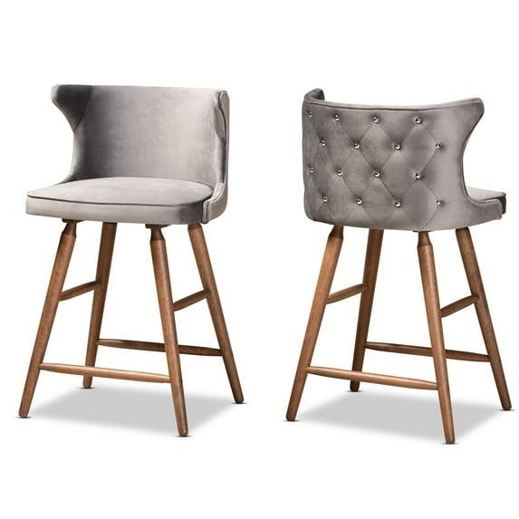 2pc Sagira Velvet & Wood Counter Height Barstool Set with Footrest - Baxton Studio