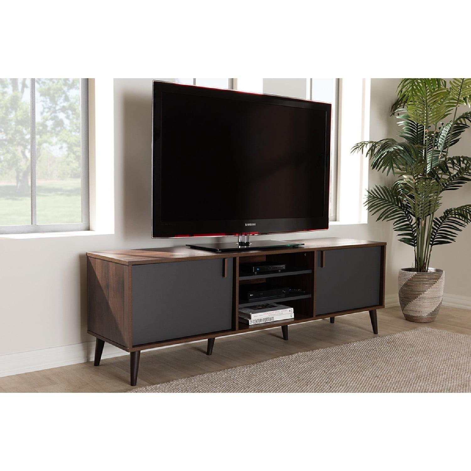 Samuel Finished TV Stand for TVs up to 55", Engineered Wood Walnut Brown/Dark Gray - Baxton Studio