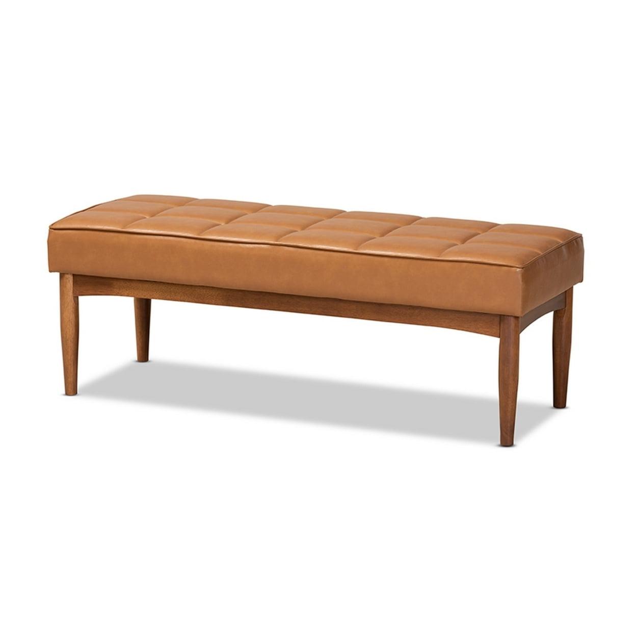 Sanford Tan Wood Dining Ottoman Walnut Brown - Baxton Studio: Faux Leather, Biscuit Tufted, Tapered Legs