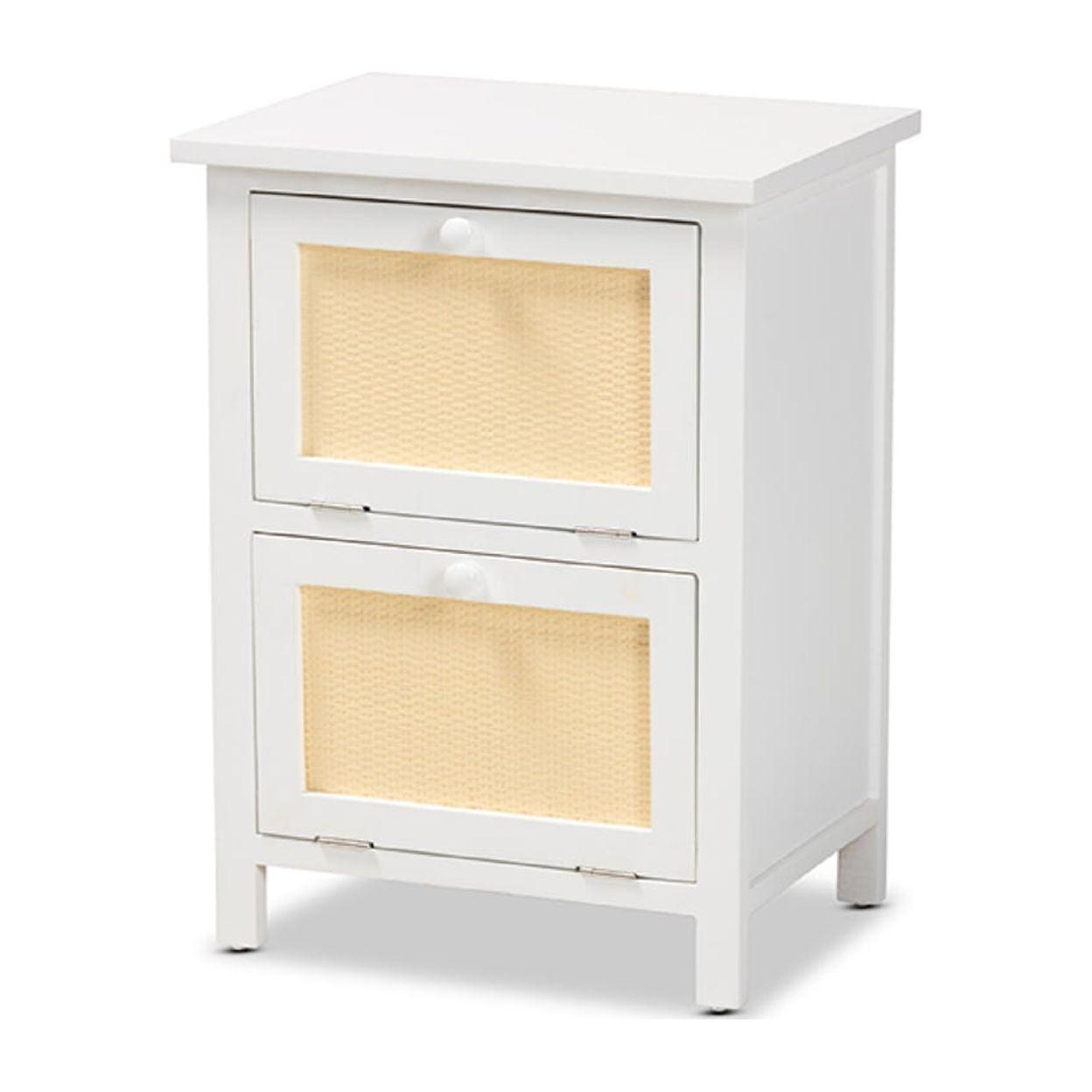 Sariah Wood Rattan 2 Door Nightstand White - Baxton Studio: Bohemian Style, Bedside Storage, No Assembly Required