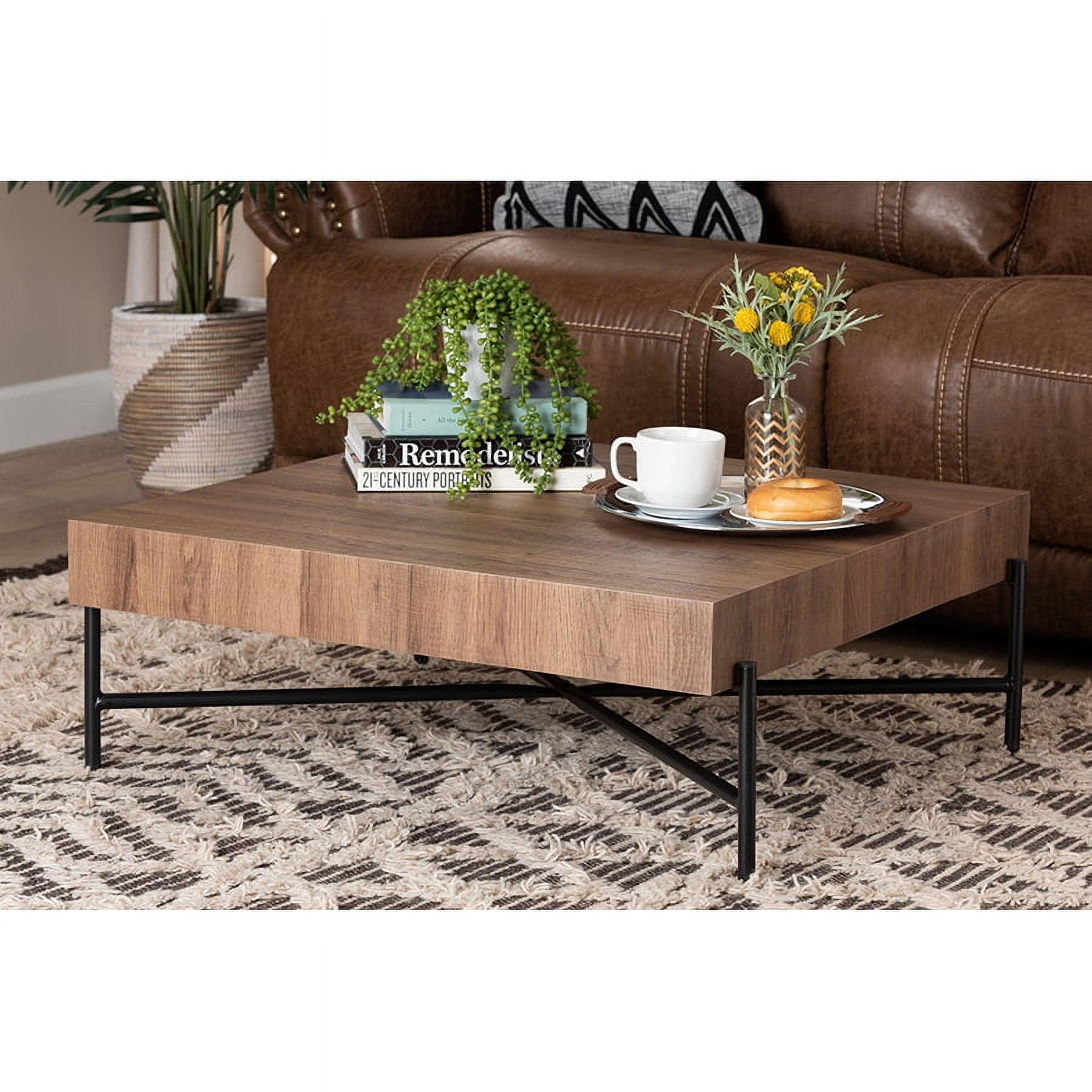 Savion Square Walnut Wood and Black Metal Coffee Table