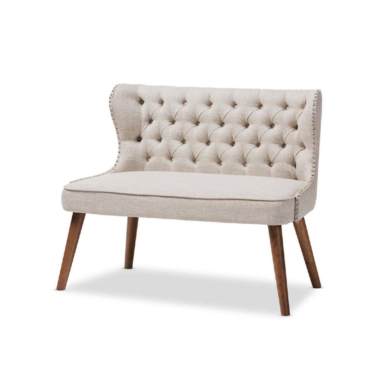 Light Beige Tufted Fabric Loveseat with Walnut Wood Legs