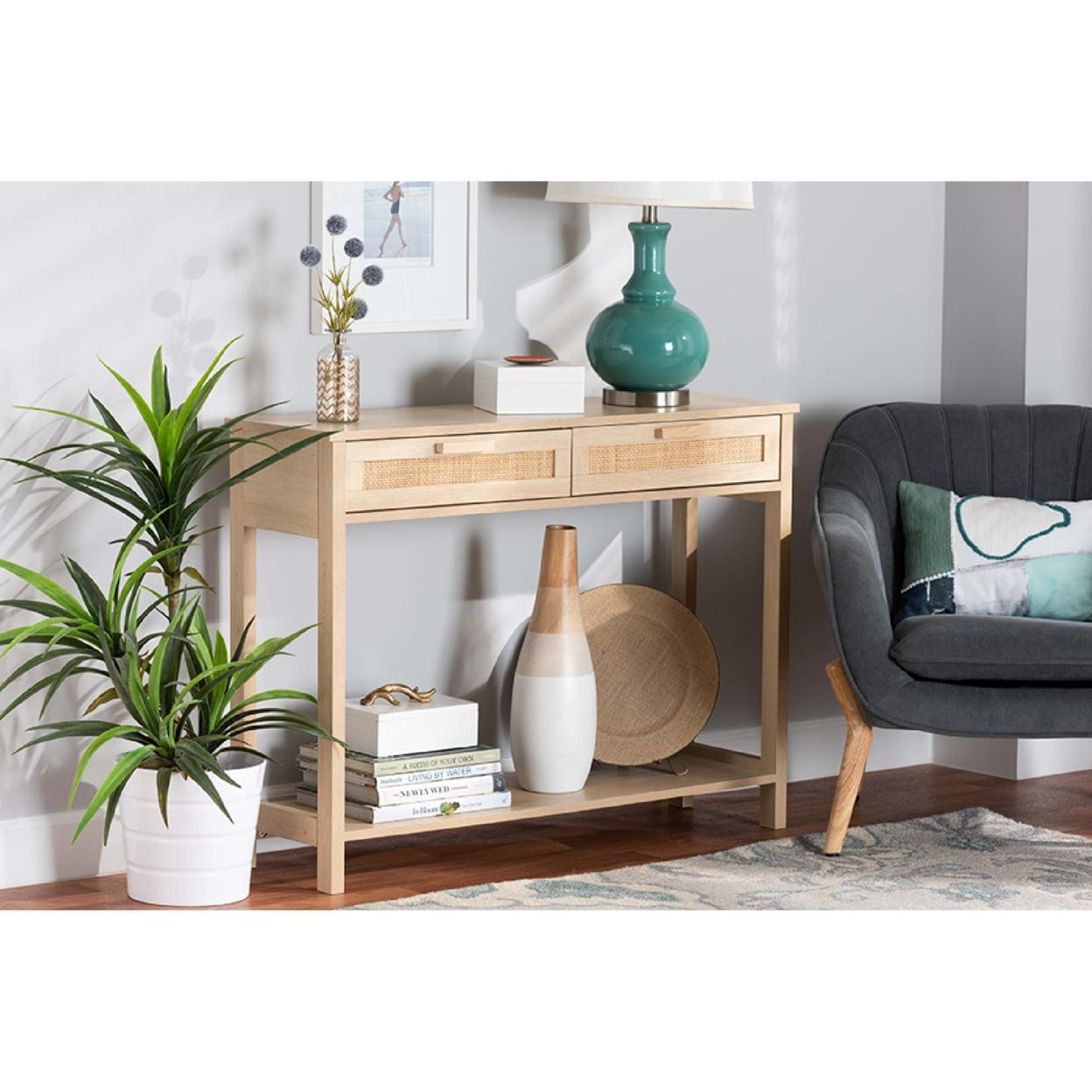 Light Brown Wood Console Table with Rattan Drawers and Shelf