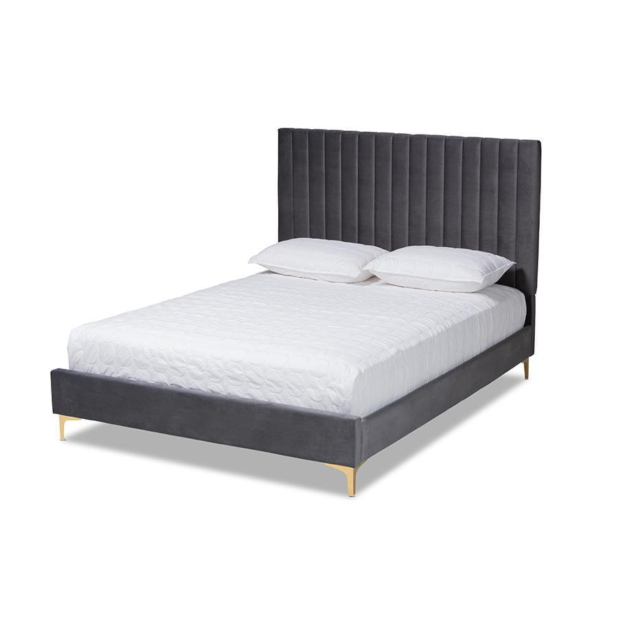 Queen Serrano Velvet Fabric Upholstered and Metal Platform Bed Gray/Gold - Baxton Studio: Channel Tufted, No Box Spring Needed