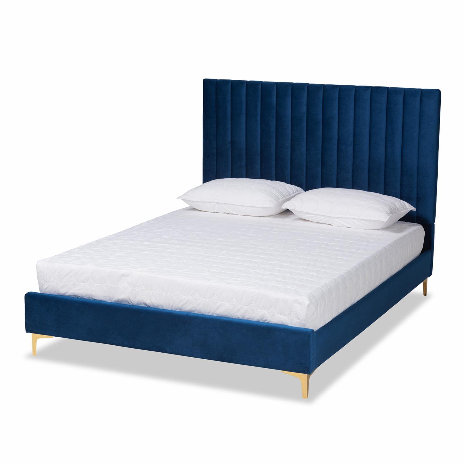 Serrano Blue Velvet Upholstered Queen Platform Bed with Gold Legs