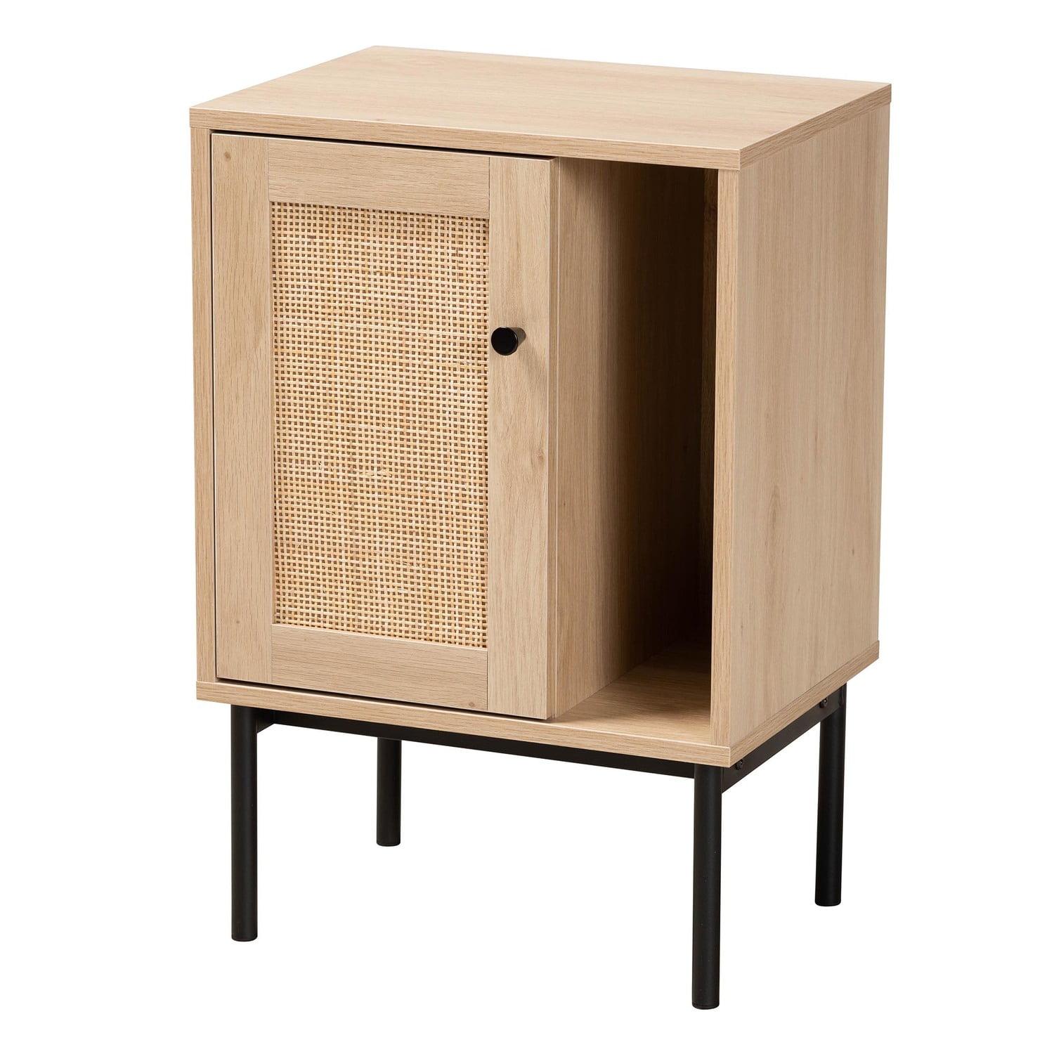 Light Brown and Black Woven Rattan Accent Cabinet with Adjustable Shelving