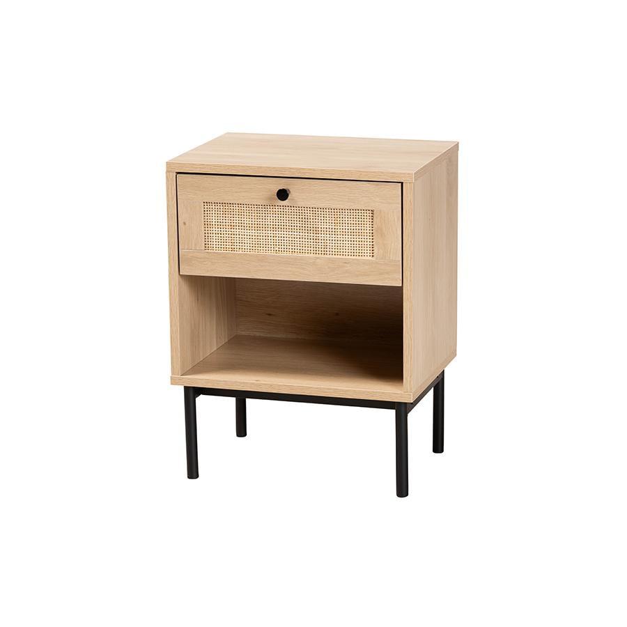 Baxton Studio Sherwin Mid-Century Modern Light Brown and Black 1-Drawer End Table with Woven Rattan Accent