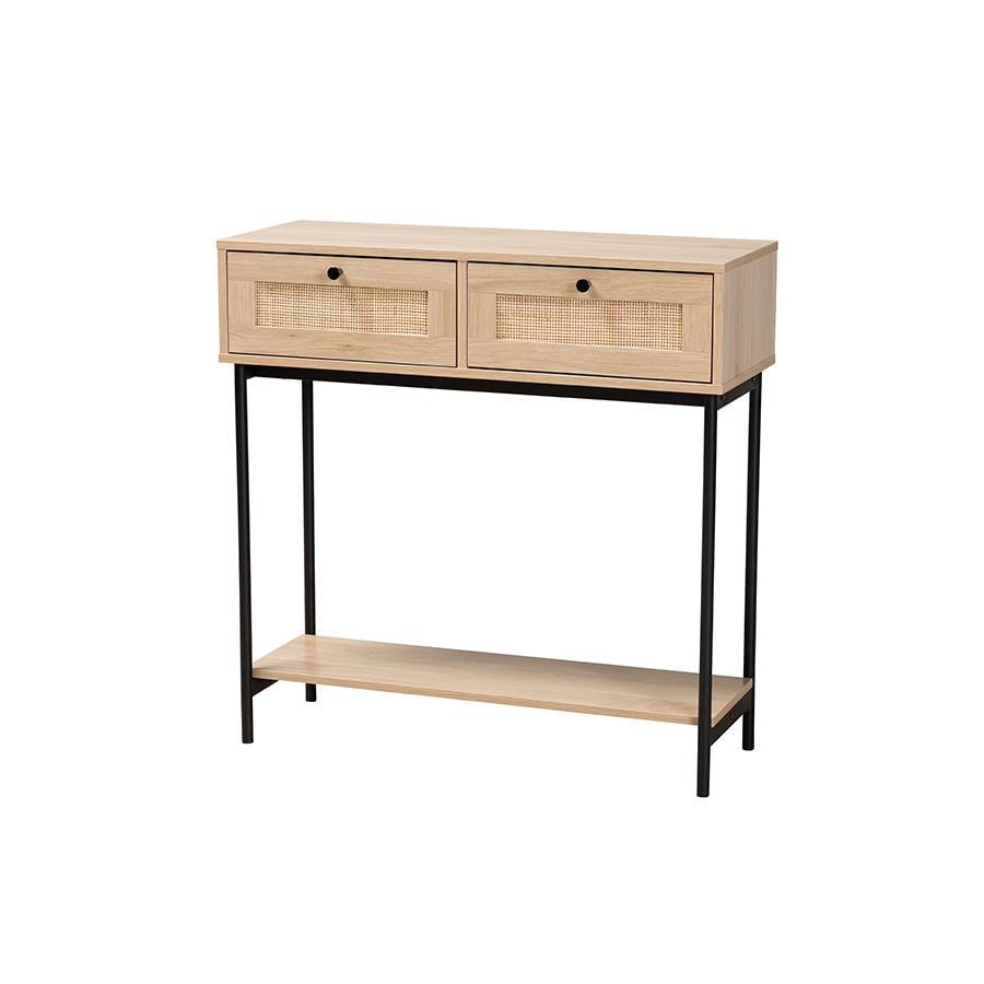 Sherwin 2 Drawer Console Table with Woven Rattan Accent Light Brown/Black - Baxton Studio: Entryway Storage, Studio McGee Style