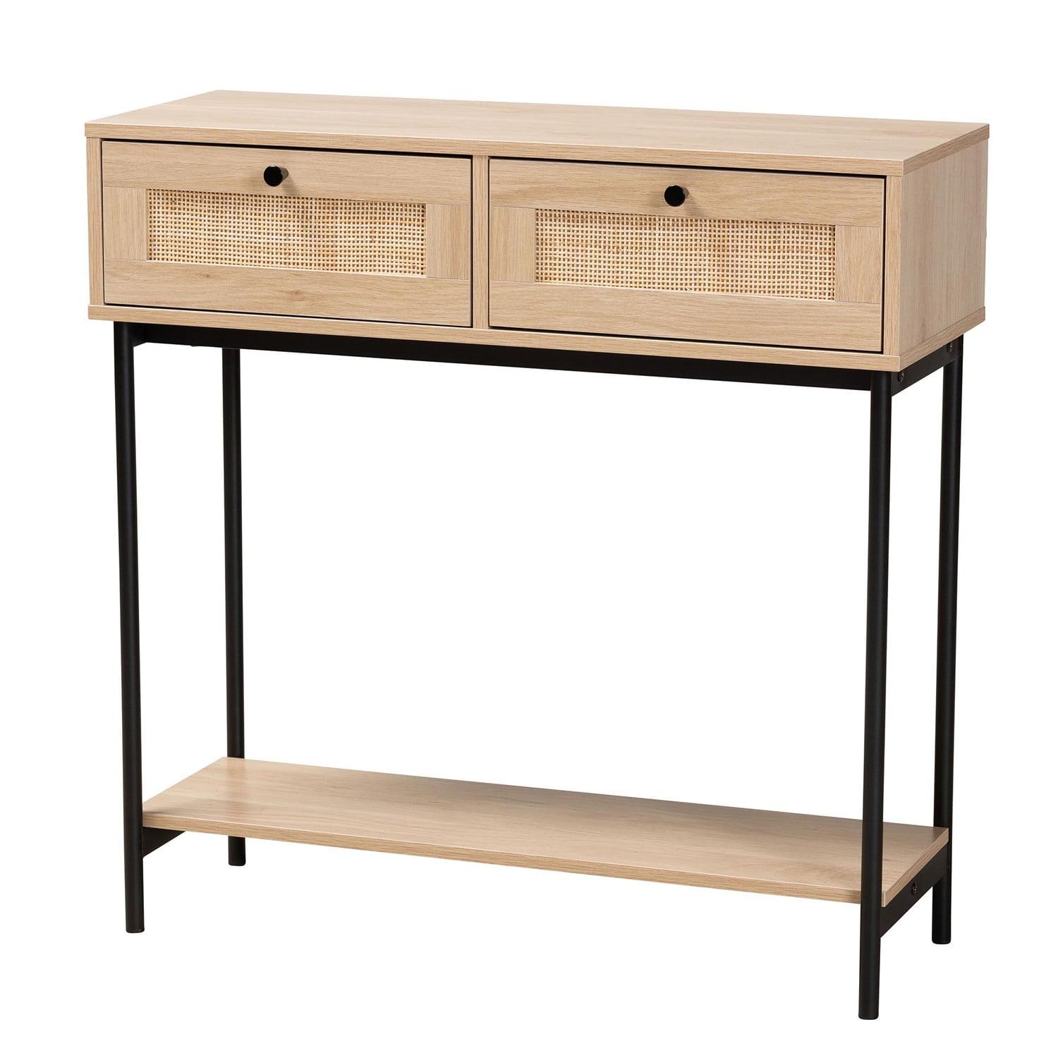 Sherwin Light Brown and Black 2-Drawer Console Table with Rattan Accent