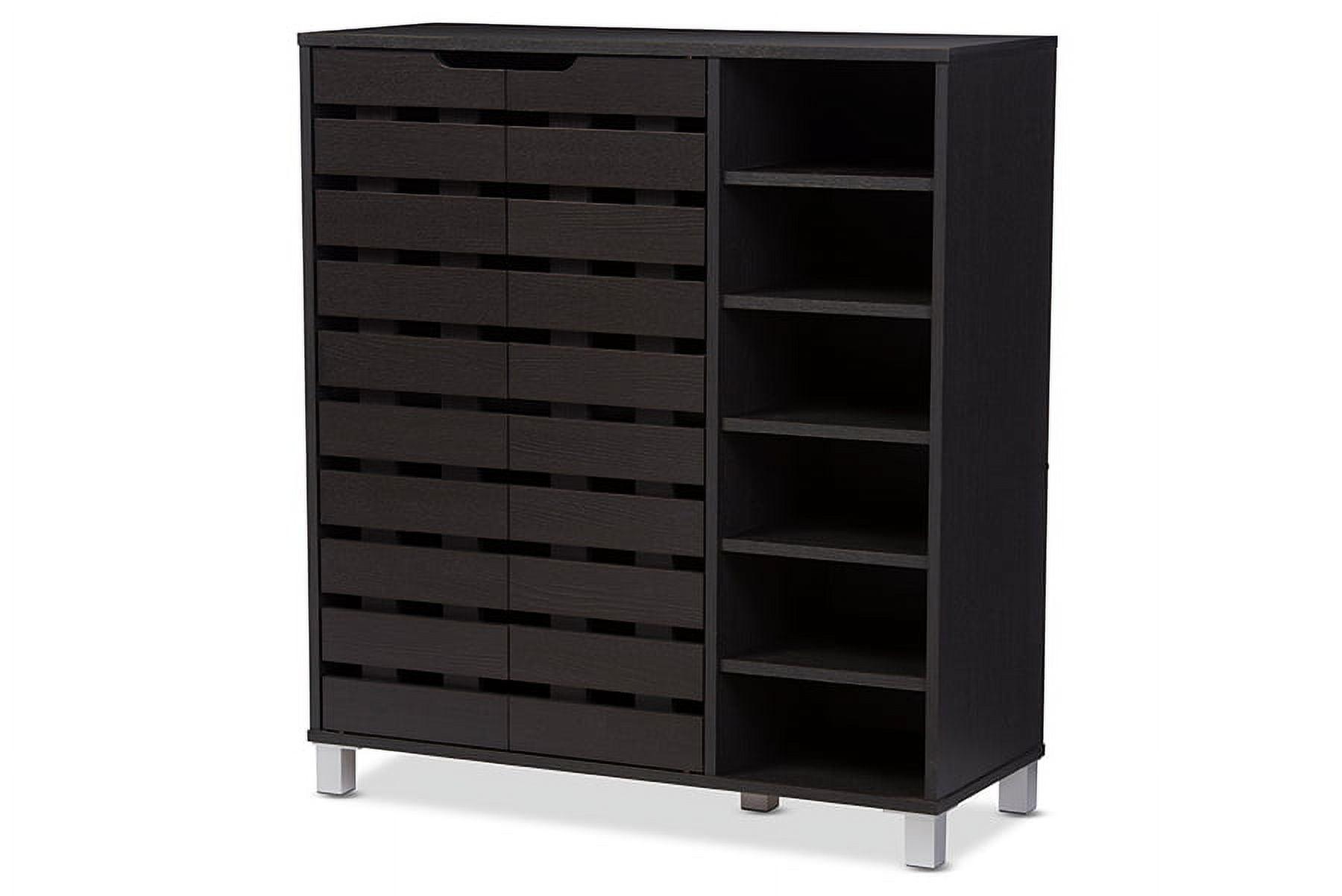 Shirley Modern and Contemporary Wood 2-Door Shoe Cabinet with Open Shelves - Dark Brown - Baxton Studio: Espresso Finish, Metal Frame, 10 Compartments