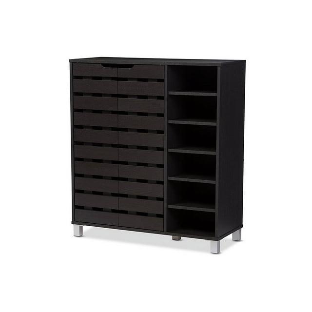 Shirley Modern and Contemporary Wood 2-Door Shoe Cabinet with Open Shelves - Dark Brown - Baxton Studio: Espresso Finish, Metal Frame, 10 Compartments