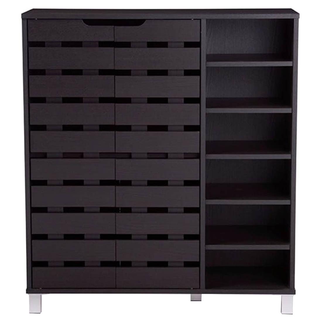 Shirley Modern and Contemporary Wood 2-Door Shoe Cabinet with Open Shelves - Dark Brown - Baxton Studio: Espresso Finish, Metal Frame, 10 Compartments