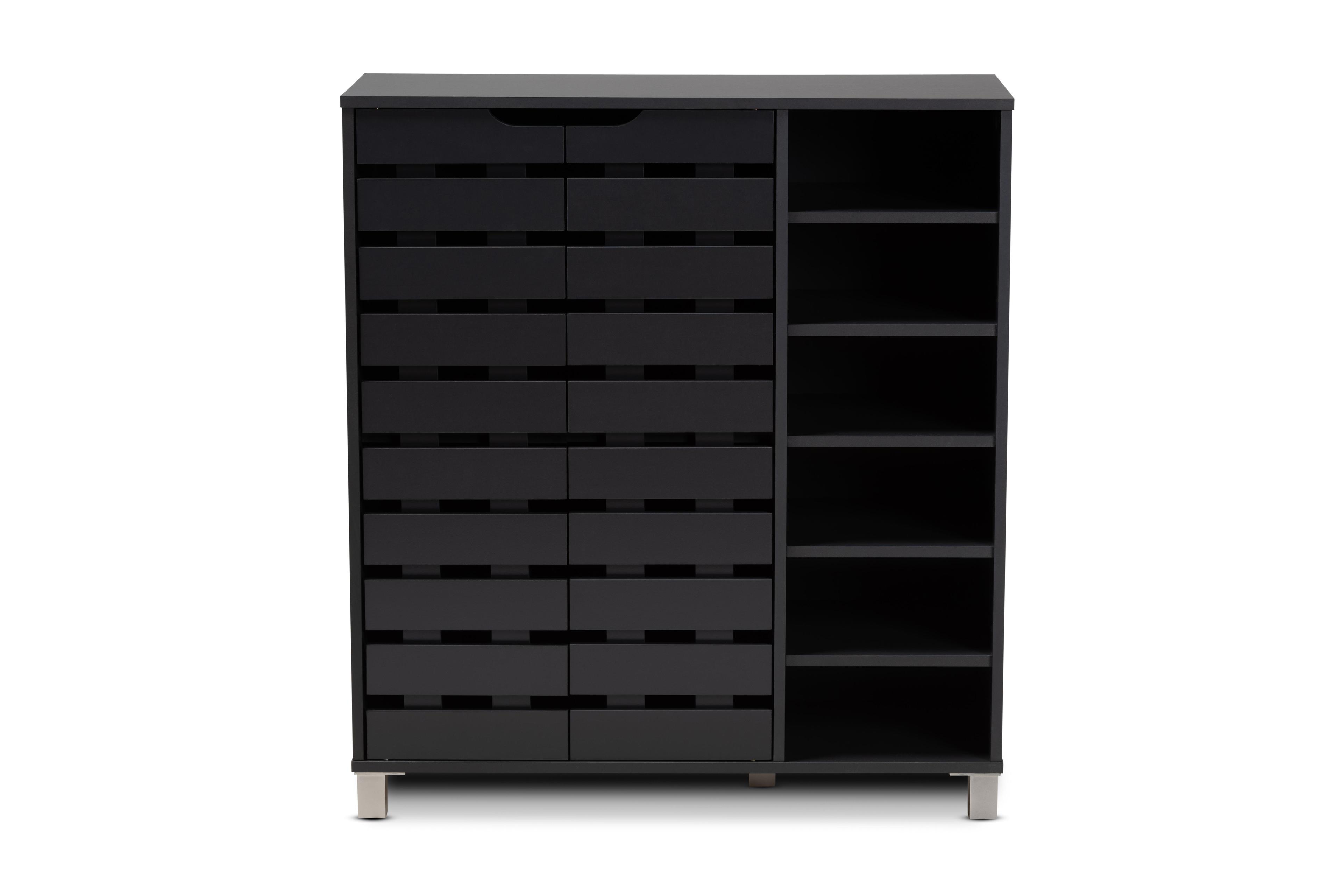 Shirley Modern and Contemporary Wood 2-Door Shoe Cabinet with Open Shelves - Dark Brown - Baxton Studio: Espresso Finish, Metal Frame, 10 Compartments