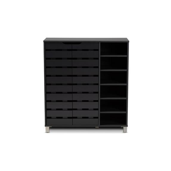 Shirley Modern and Contemporary Wood 2-Door Shoe Cabinet with Open Shelves - Dark Brown - Baxton Studio: Espresso Finish, Metal Frame, 10 Compartments