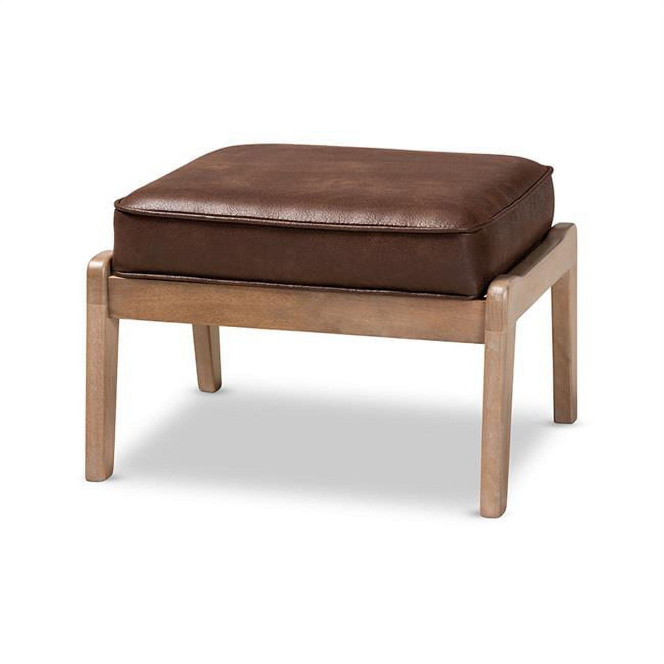 Antique Oak and Dark Brown Faux Leather Mid-Century Ottoman