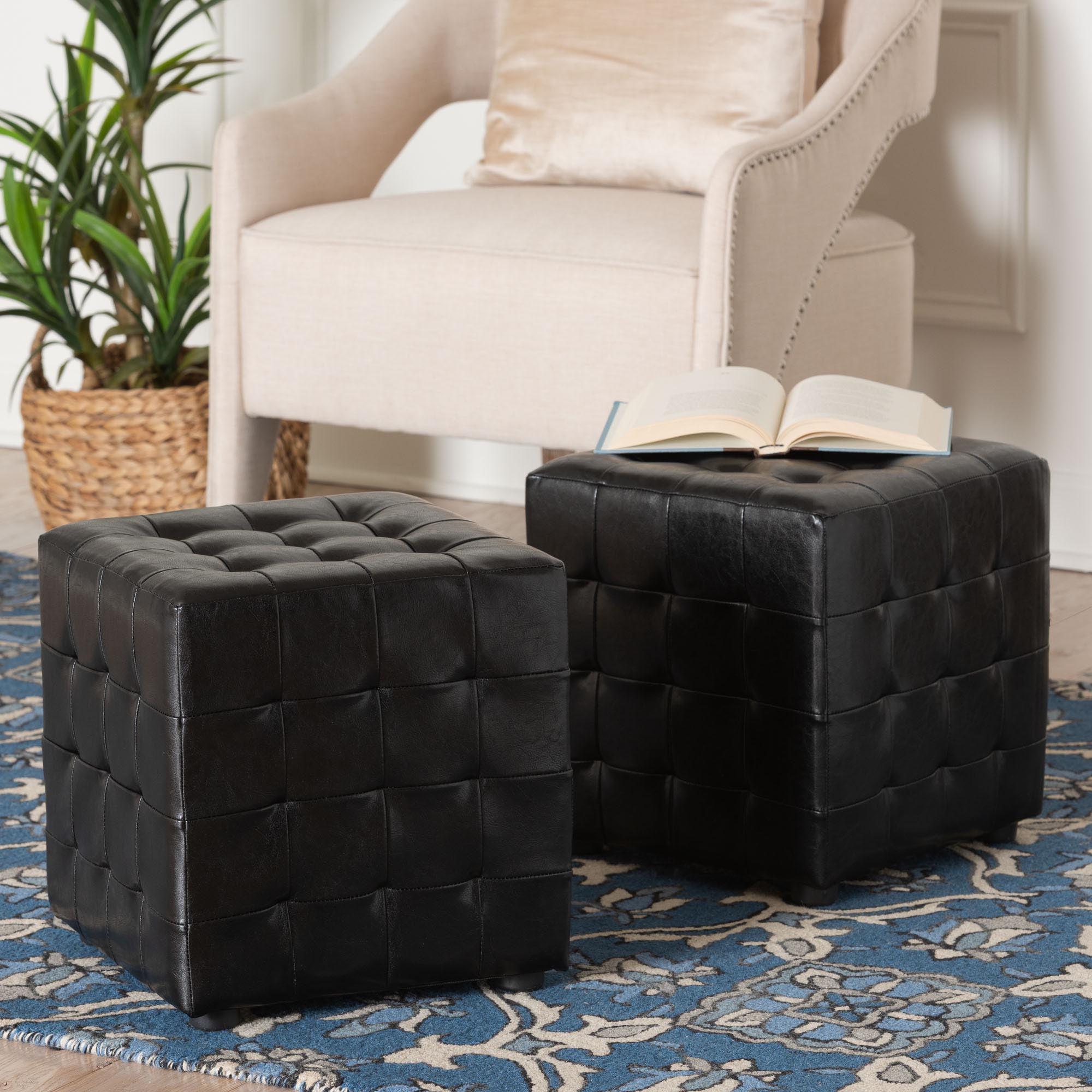 Set of 2 Siskal Modern Cube Ottoman Black - Baxton Studio: Faux Leather, Wood Frame, No Assembly Required