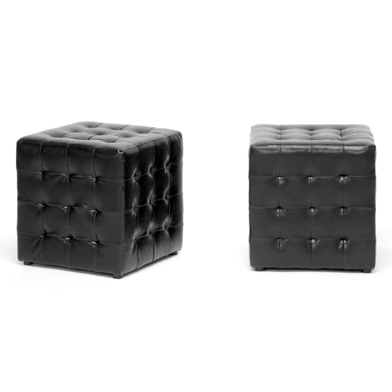 Stitchcraft 15'' Black Faux Leather Tufted Cube Ottoman Set