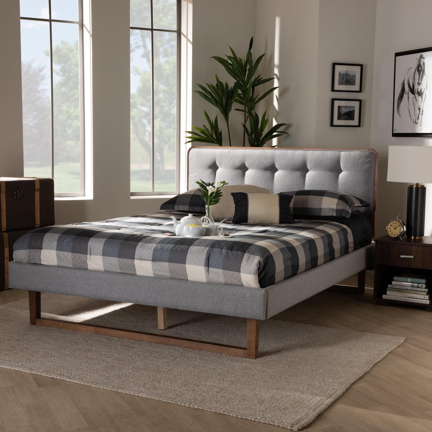 Ash Walnut and Light Grey Tufted King Platform Bed with Slats