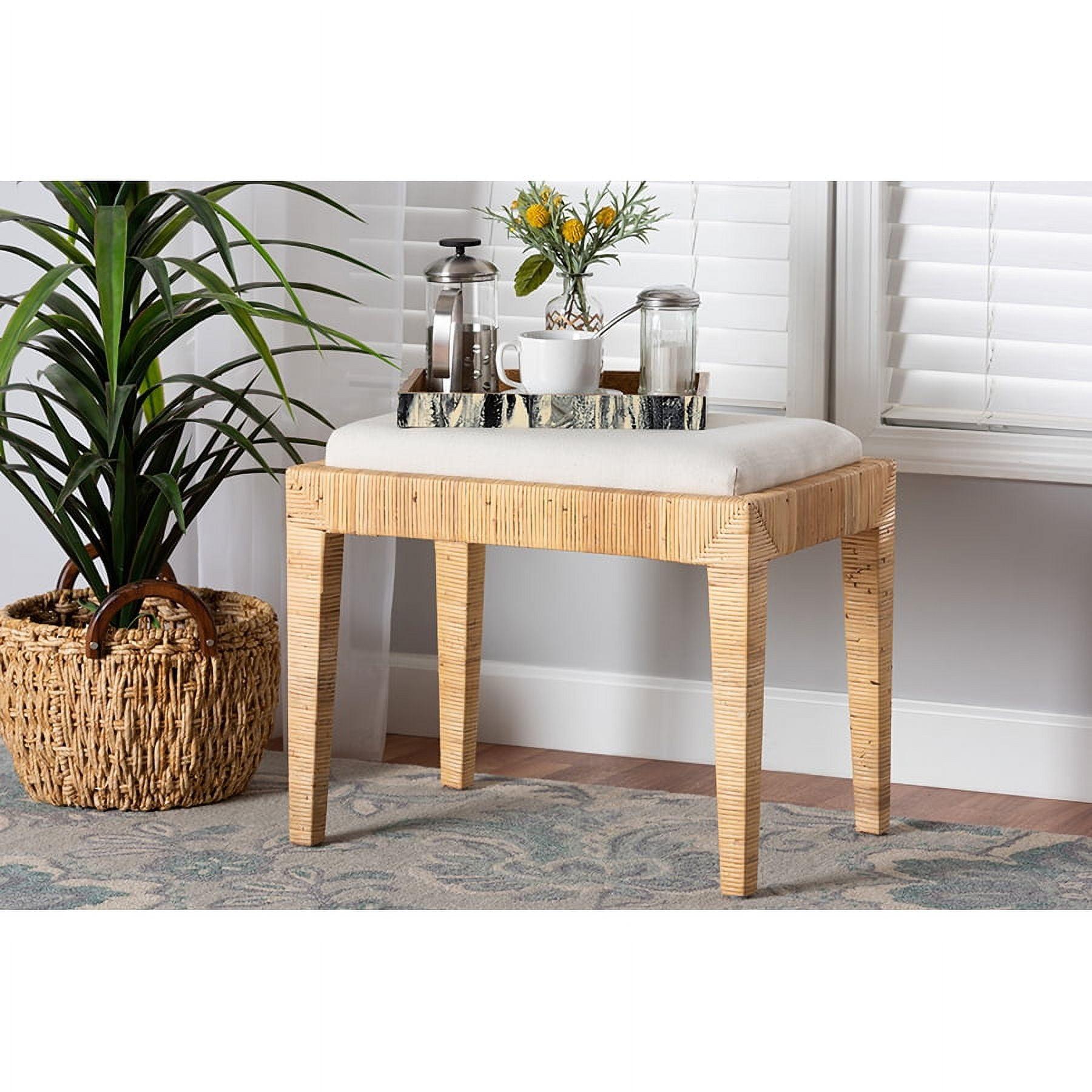 Sofia Rattan and Mahogany Wood Ottoman White/Natural Brown - Baxton Studio: Handmade, No Assembly Required