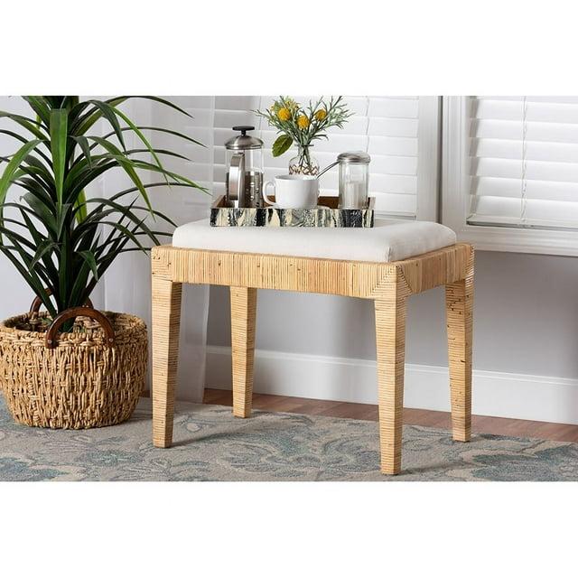 Sofia Rattan and Mahogany Wood Ottoman White/Natural Brown - Baxton Studio: Handmade, No Assembly Required