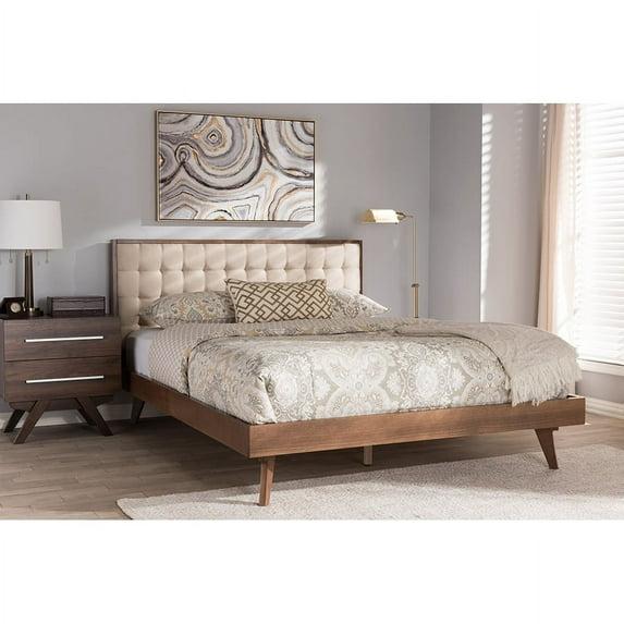 Soloman Mid - Century Modern Fabric and Walnut Finished Wood Platform Bed - Baxton Studio