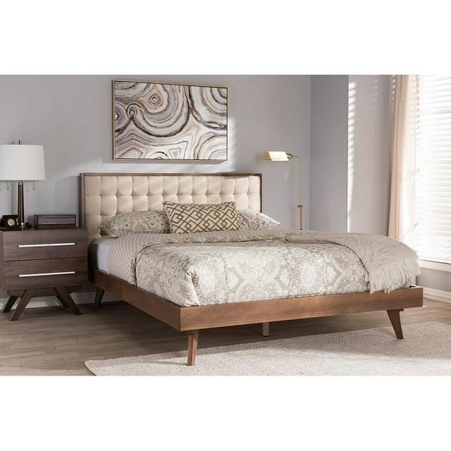 Soloman Mid - Century Modern Fabric and Walnut Finished Wood Platform Bed - Baxton Studio