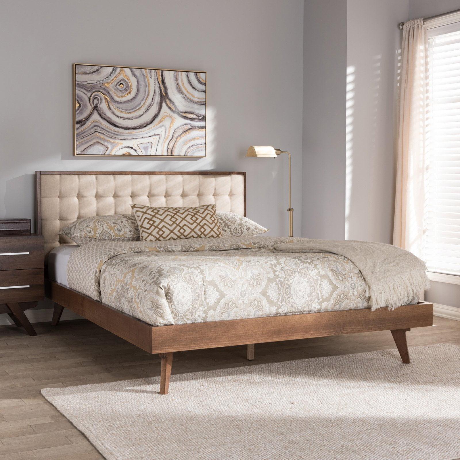 King Walnut Wood Frame Beige Linen Tufted Upholstered Bed