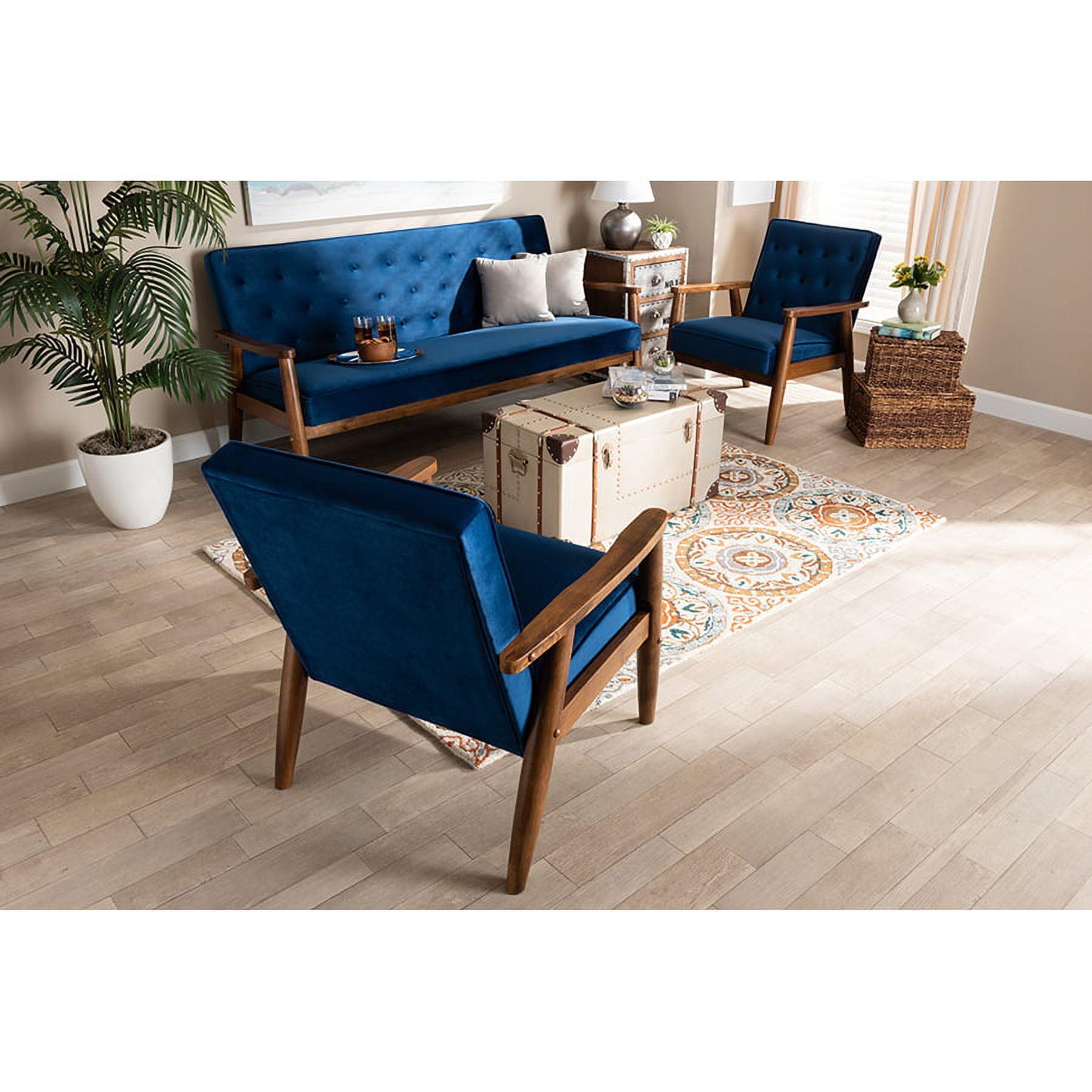 Navy Blue Velvet and Walnut 3-Piece Mid-Century Modern Living Room Set