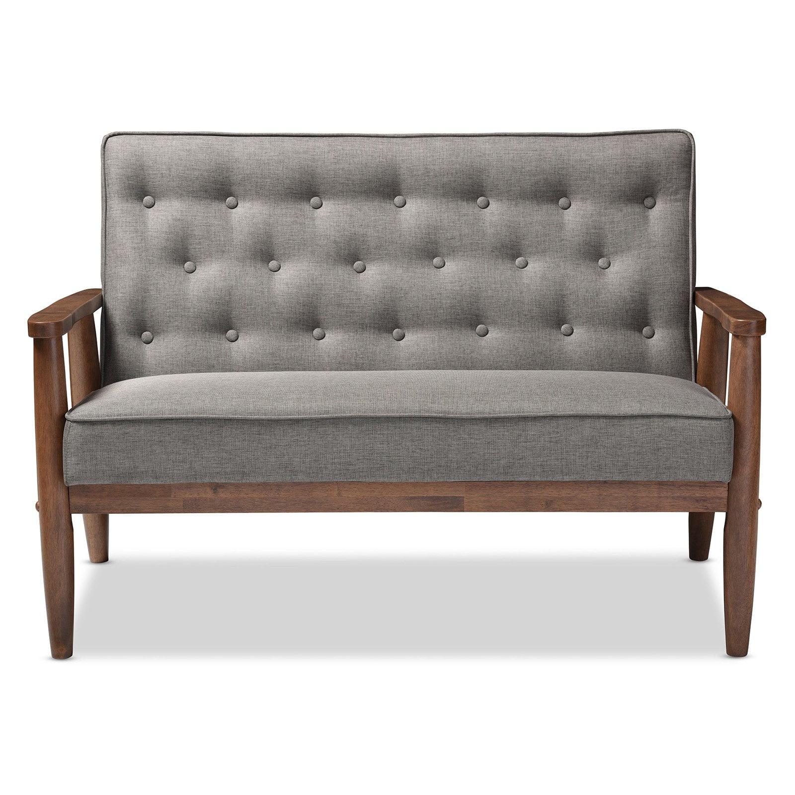 Sorrento Mid-Century Gray Faux Leather Tufted Loveseat with Wooden Legs