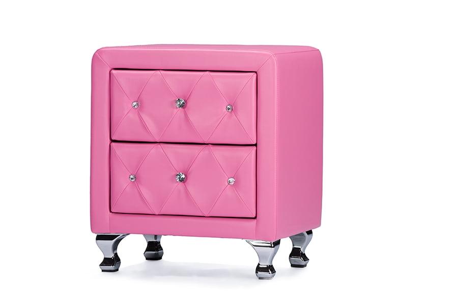 Stella Pink Faux Leather 2-Drawer Crystal Tufted Nightstand