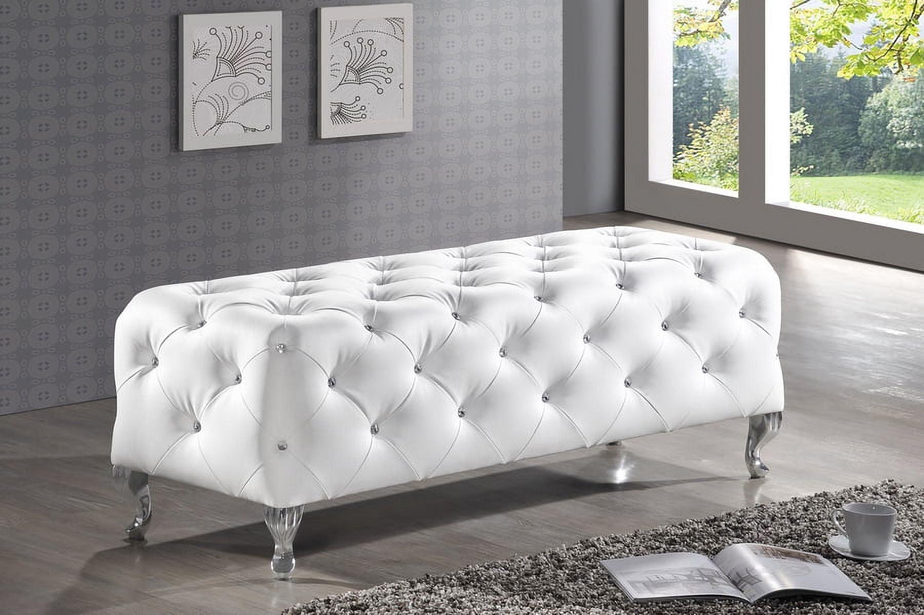 Stella Crystal-Tufted White Faux Leather Modern Bench