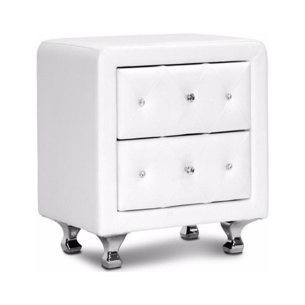 White Faux Leather Crystal Tufted 2-Drawer Nightstand