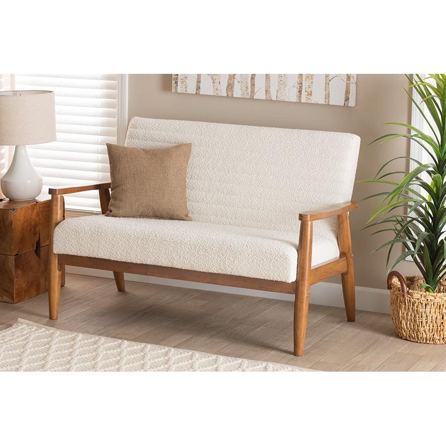 Mid-Century Modern Cream Boucle Fabric and Walnut Loveseat