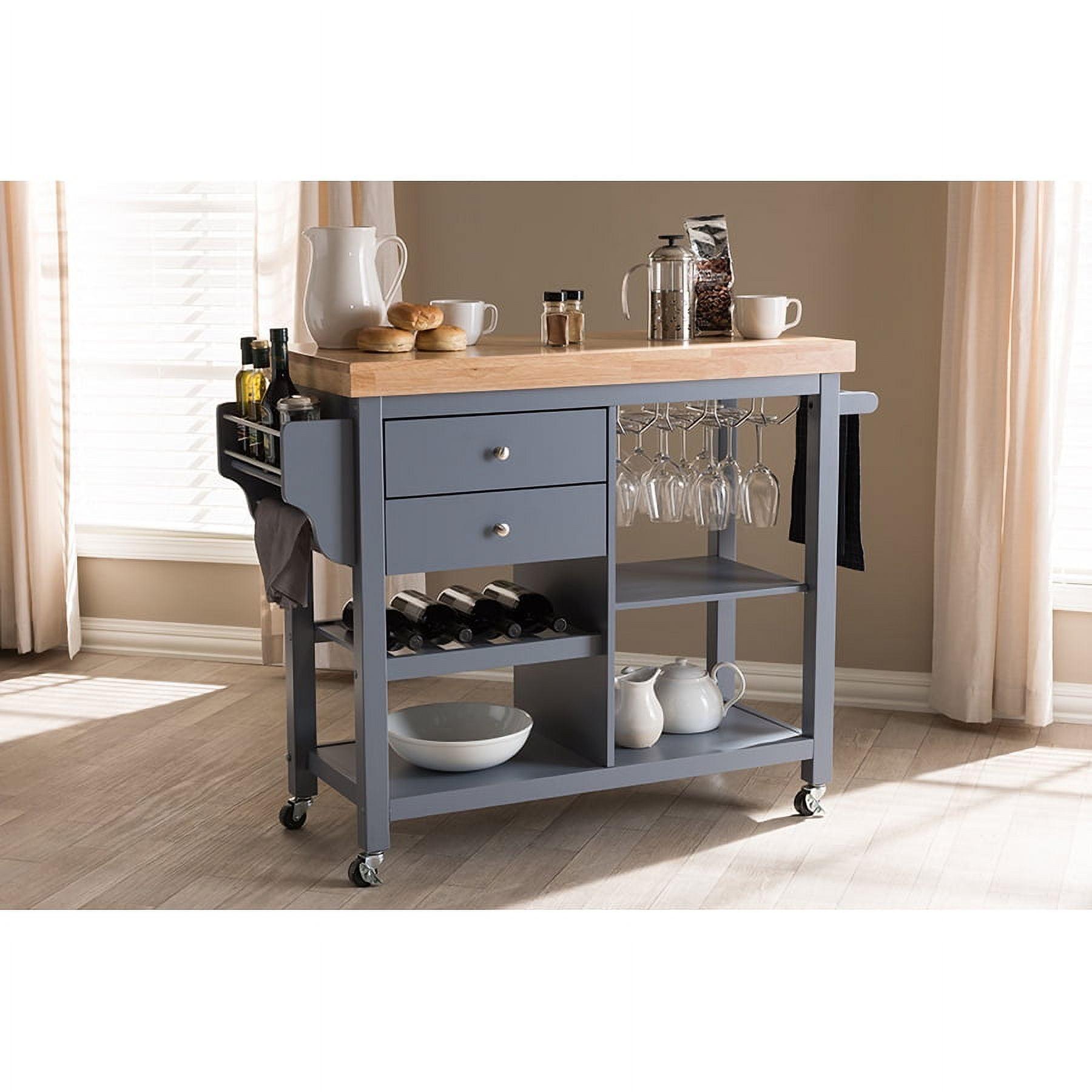 Medium Gray Rubberwood Kitchen Cart with Storage and Spice Rack