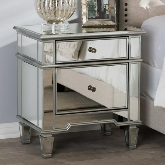 Sussie Hollywood Regency Glamour Style Mirrored 2 - Drawer Nightstand - Baxton Studio: Bronze Hardware, Beveled Top