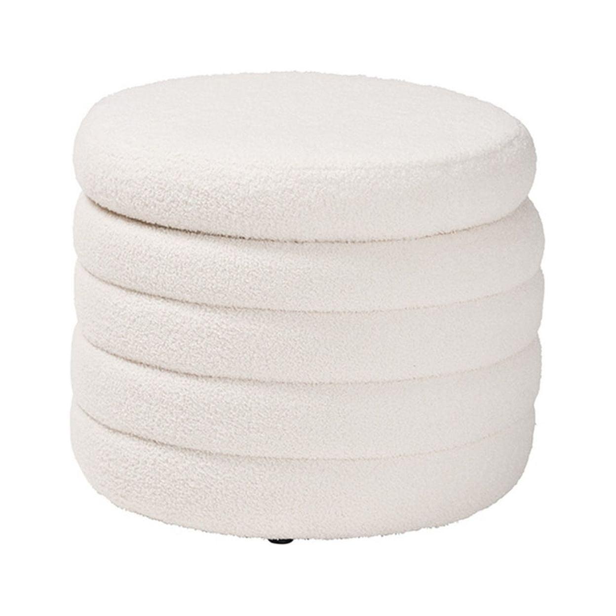 Ivory Boucle Round Storage Ottoman with Tufted Design