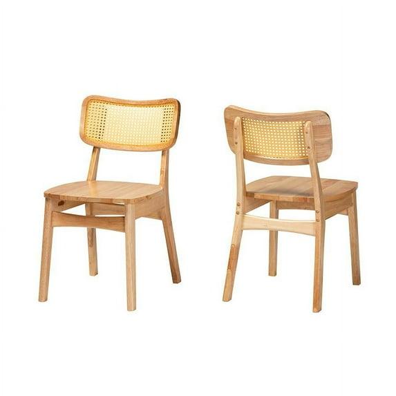 Baxton Studio 2pc Tadeo Wood and Rattan Dining Chair Set Oak Brown/Light Brown: Rubberwood Frame, Spot Clean