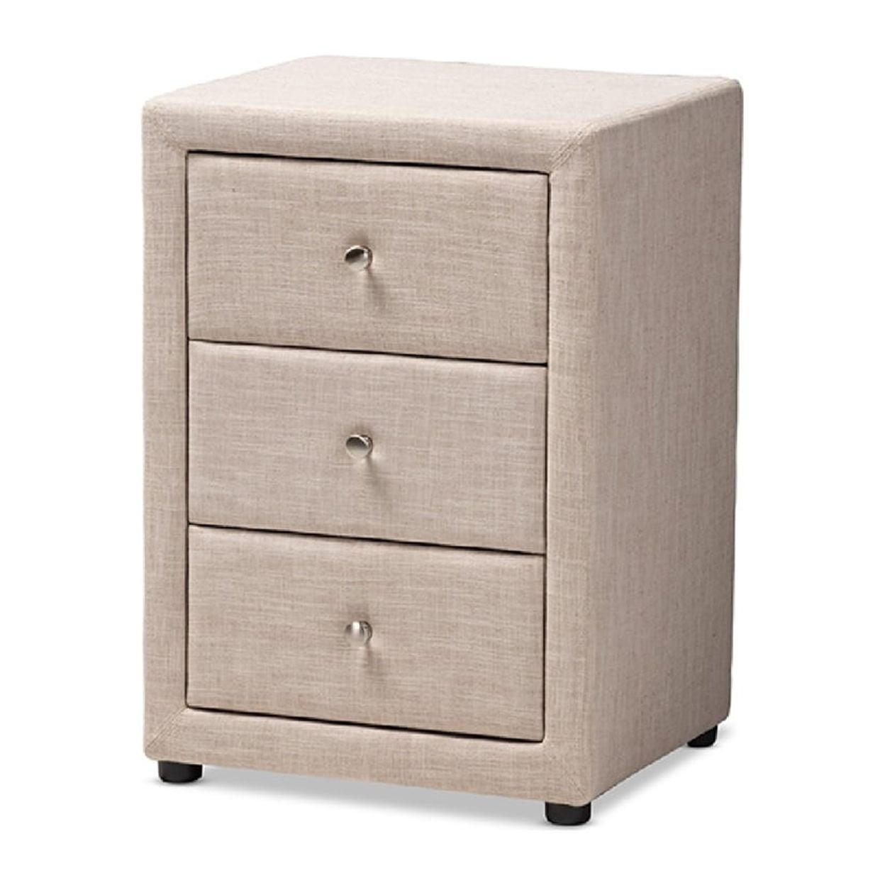 Tessa 3 Drawer Nightstand Light Beige - Baxton Studio: Contemporary Bedside Furniture, Chrome Knobs, Storage