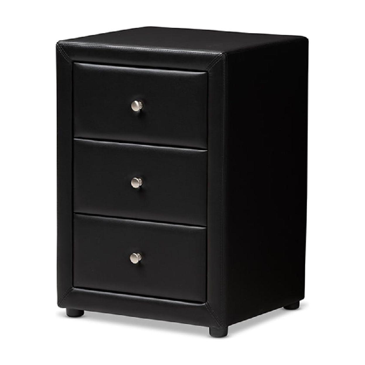 Tessa Chic Black Faux Leather 3-Drawer Nightstand