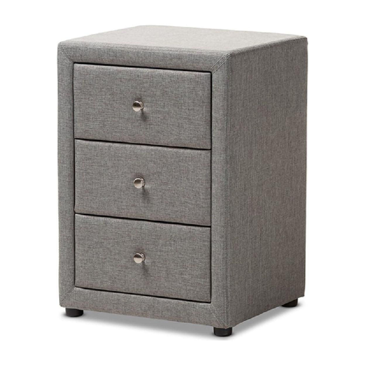 Contemporary Grey Fabric 3-Drawer Nightstand with Chrome Knobs