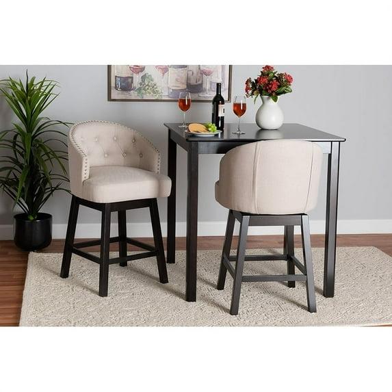 2pc Theron Fabric and Wood Swivel Counter Height Barstools Set Beige/Espresso Brown - Baxton Studio: Upholstered, Rubberwood Frame, Fixed Height