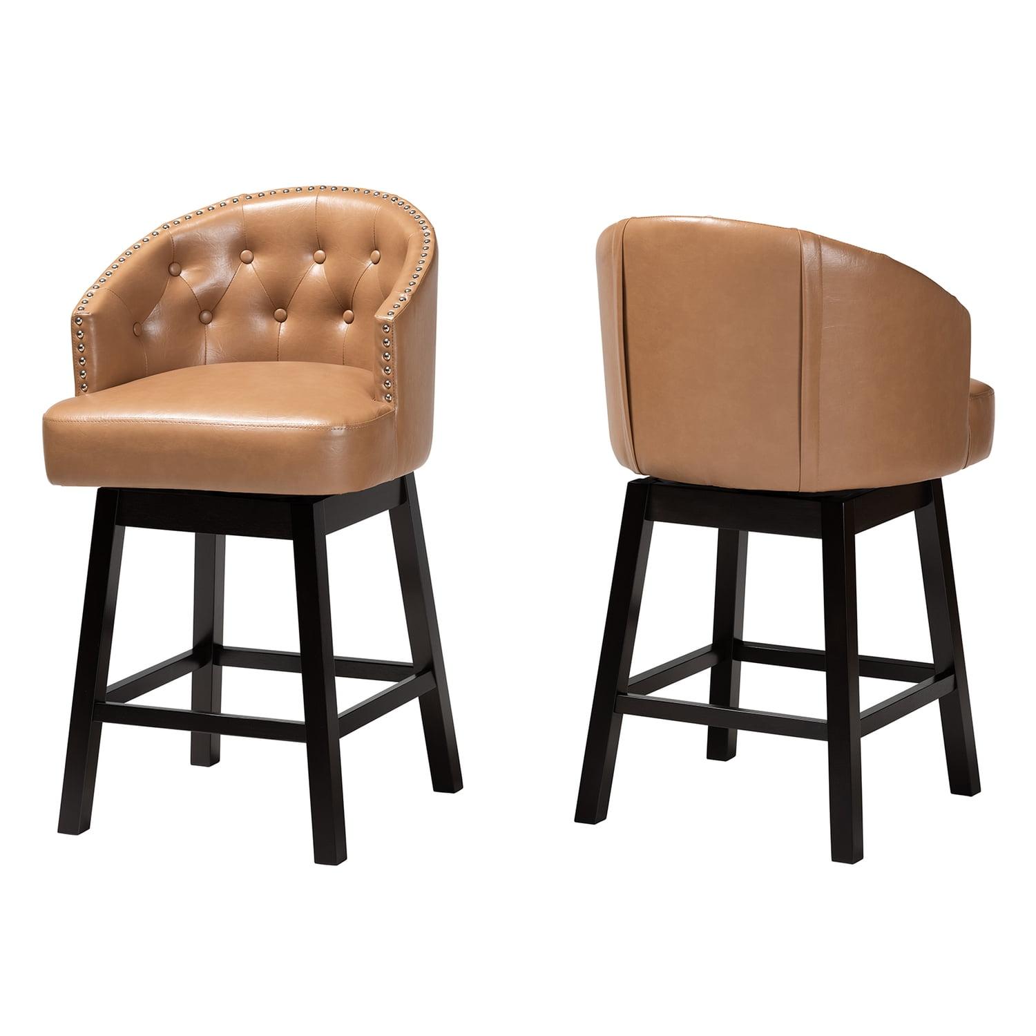 2pc Theron Faux Leather and Wood Swivel  Counter Height Barstool Set Tan/Espresso Brown - Baxton Studio: Mid-Century, Button-Tufted, Nailhead Trim