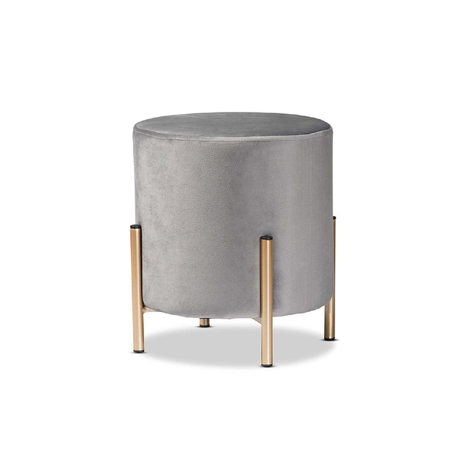 Luxe Grey Velvet and Gold Metal Round Ottoman